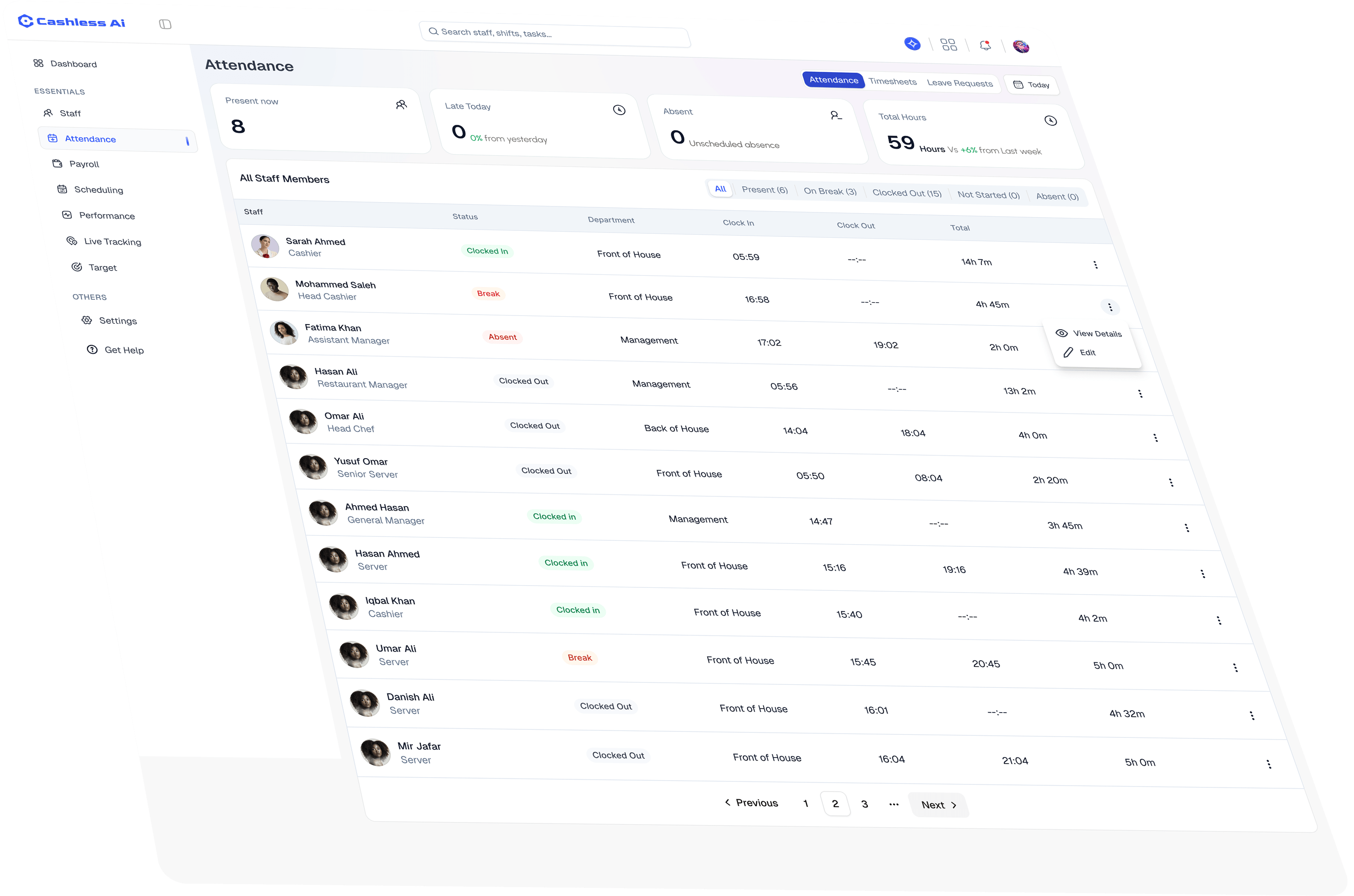 A tilted screenshot of the attendance dashboard, showing who is present, late or absent today and the full staff list with their clock-in and clock-out times.