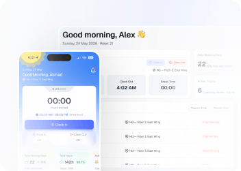 A staff member's mobile clock-in screen next to their good-morning dashboard summary.