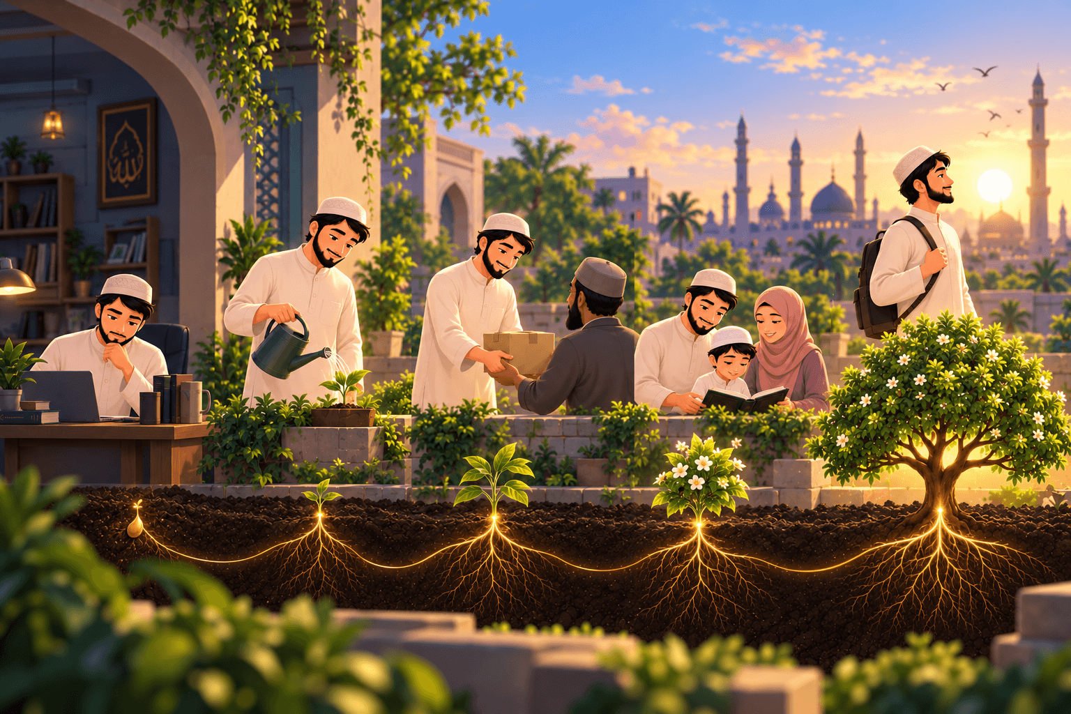 A courtyard garden at golden hour: the man watering a seedling, handing a parcel to a neighbour, a family reading together, and a grown tree with lit roots below.