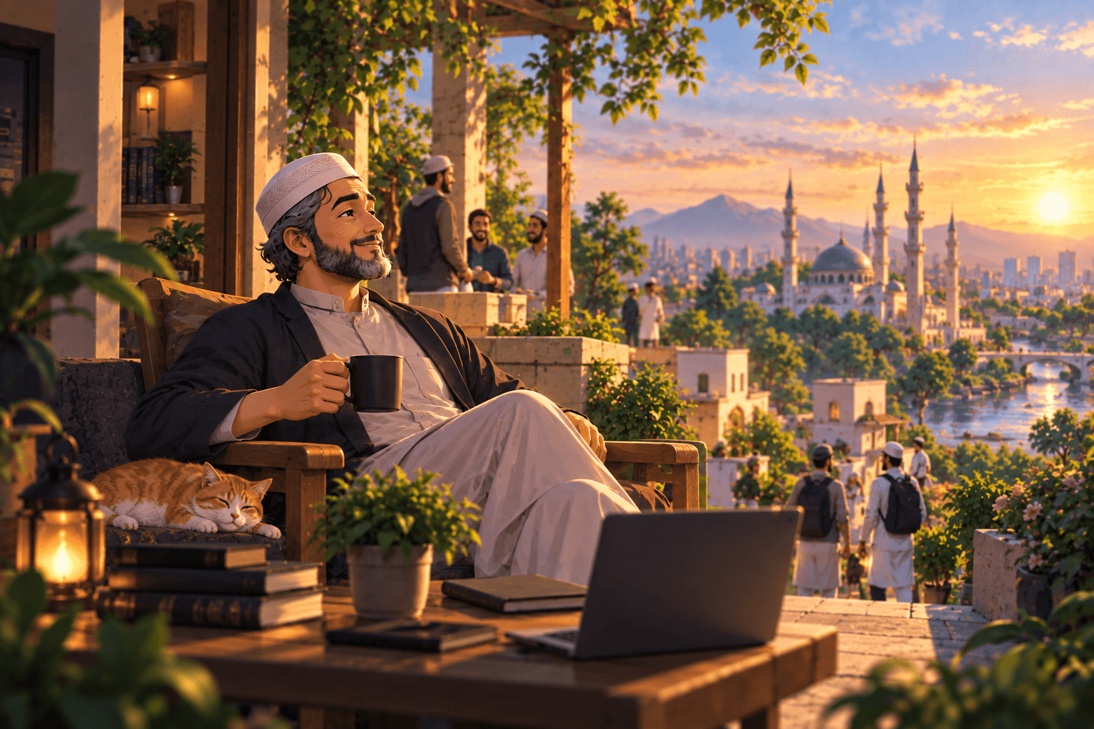 The man years later, grey-bearded, sitting back with tea on a terrace above a river city at sunset, a cat asleep on the chair beside him.