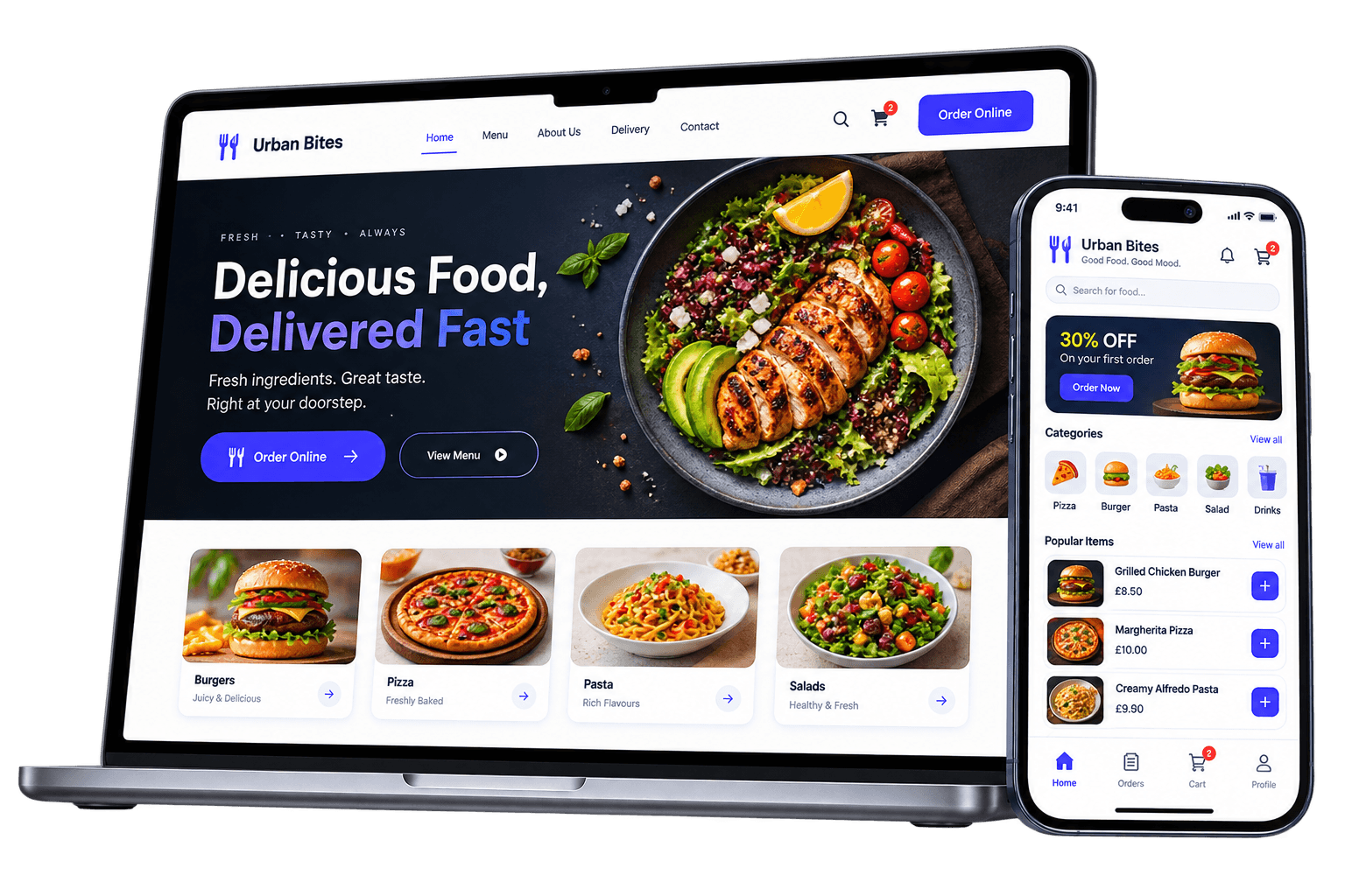 A laptop and a phone showing the same restaurant's ordering website and app