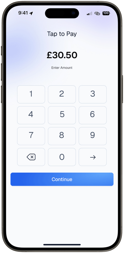 A phone showing the Tap to Pay screen with £30.50 entered on its keypad