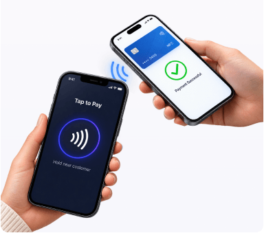 A customer tapping a contactless card on a phone running Tap to Pay