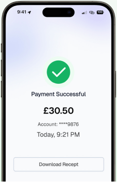 A phone showing a successful £30.50 payment and a Download Receipt button