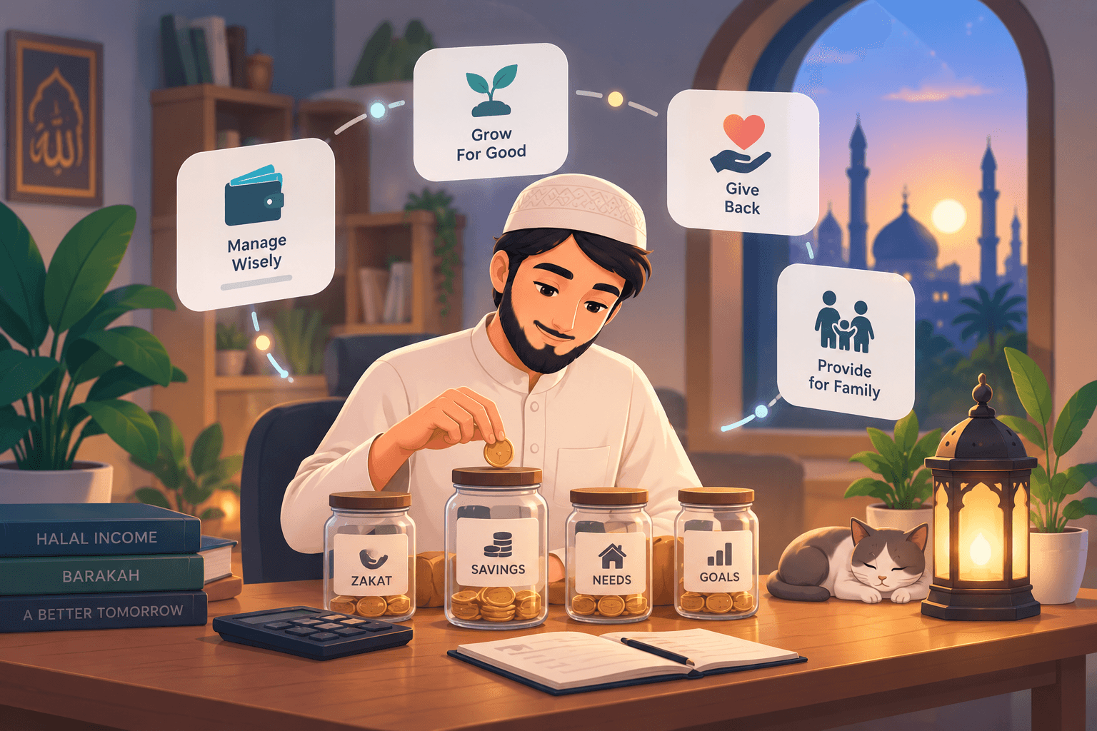 The man at a table placing a coin into one of four labelled jars, a ledger and a calculator beside him and a cat asleep in the lamplight.