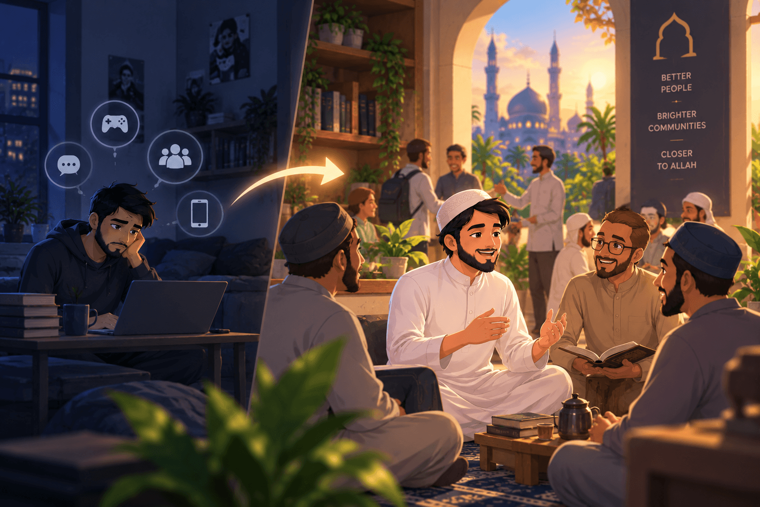 A split scene: on the left the man alone at a laptop in the dark, on the right the same man talking warmly with friends over tea in a bright room.