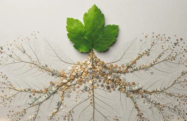 A leaf whose veins branch out into coins and notes, reaching schools, clinics, farms and homes